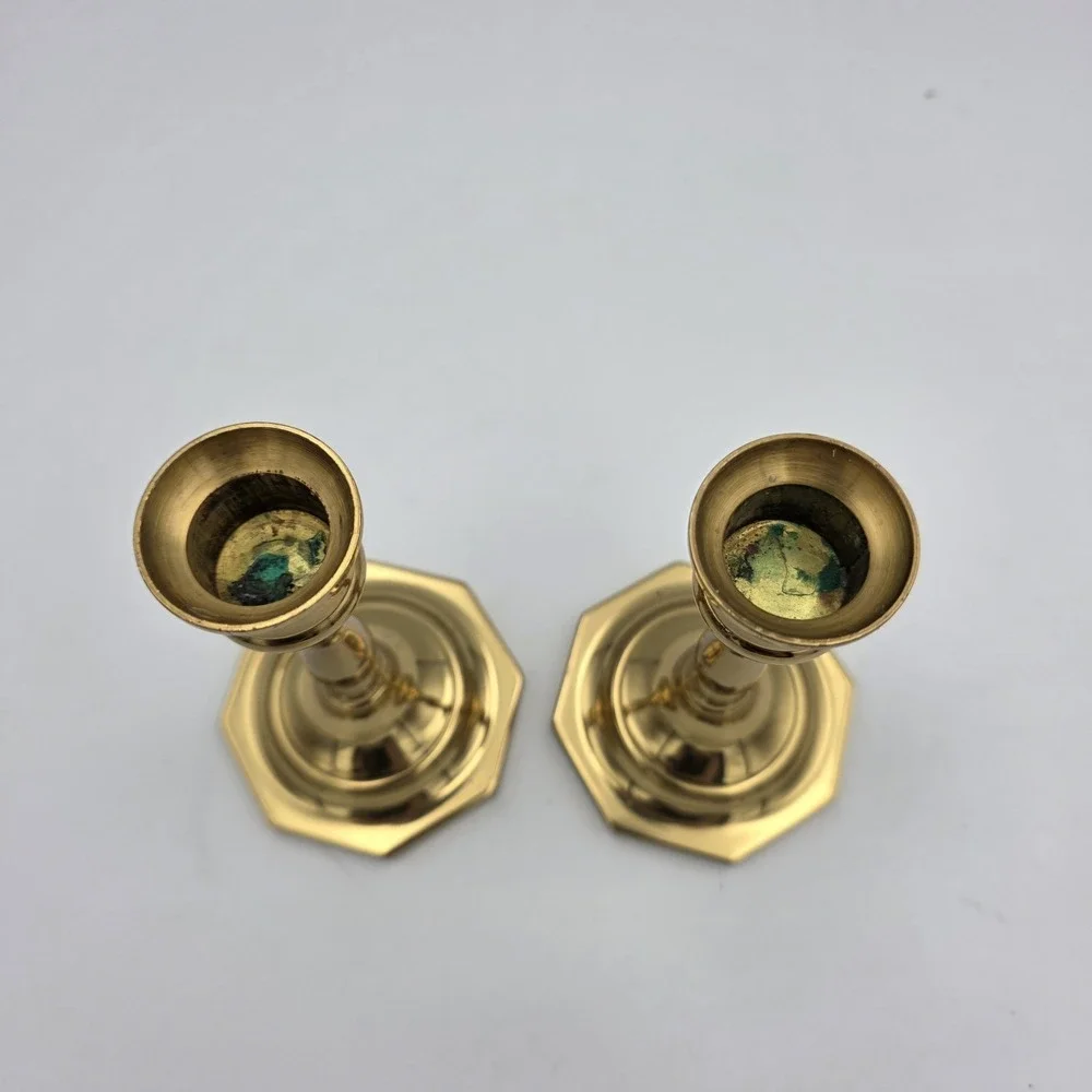 Vintage Octagon Base Pair Of Candlesticks  Polished Brass 5